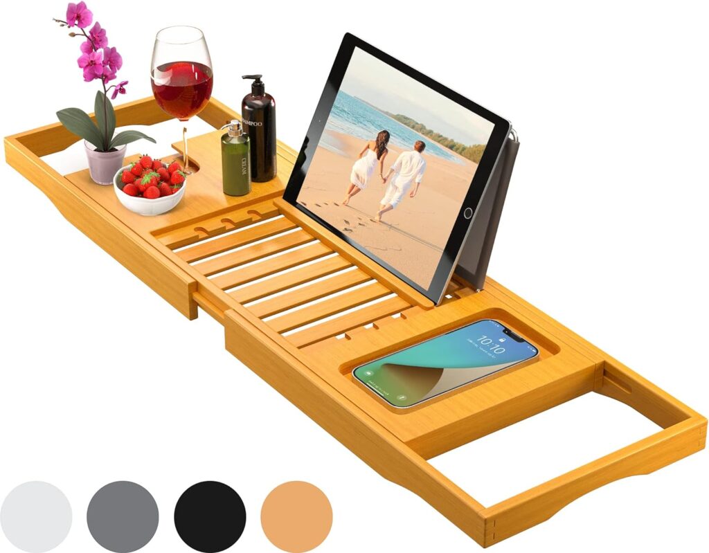 Bamboo Bathtub Tray Caddy - Adjustable Bath Tray, Bath Tub Tray Table, Bath Tray for Tub - Wooden Bath Caddy, Bathtub Accessories, Tub Tray for Bathtub, Luxury Bath Gifts for Women, Great Gift Idea