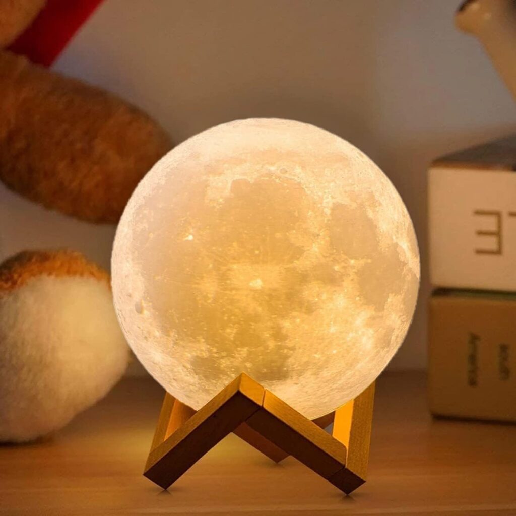 CPLA Moon Lamp 2023 Upgrade with Timing- 3D Printing Moon Night Light for Kids Adults Bedroom Space Decor Cool Gifts for Girls Boys- Wooden Stand  Remote/Touch Control 4.8 inch (Small)