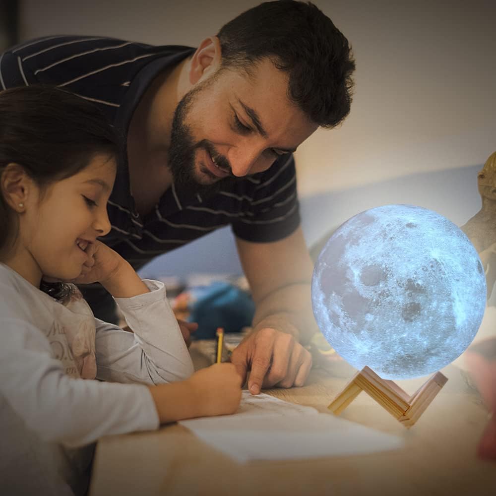 CPLA Moon Lamp 2023 Upgrade with Timing- 3D Printing Moon Night Light for Kids Adults Bedroom Space Decor Cool Gifts for Girls Boys- Wooden Stand  Remote/Touch Control 4.8 inch (Small)