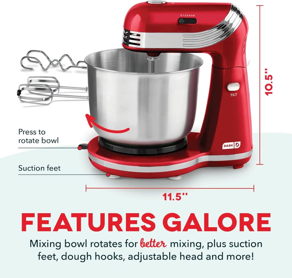 Dash Stand Mixer (Electric Mixer for Everyday Use): 6 Speed Stand Mixer with 3 Quart Stainless Steel Mixing Bowl, Dough Hooks  Mixer Beaters for Dressings, Frosting, Meringues  More - Aqua