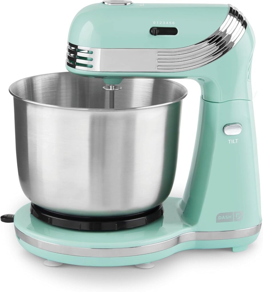 Dash Stand Mixer (Electric Mixer for Everyday Use): 6 Speed Stand Mixer with 3 Quart Stainless Steel Mixing Bowl, Dough Hooks  Mixer Beaters for Dressings, Frosting, Meringues  More - Aqua