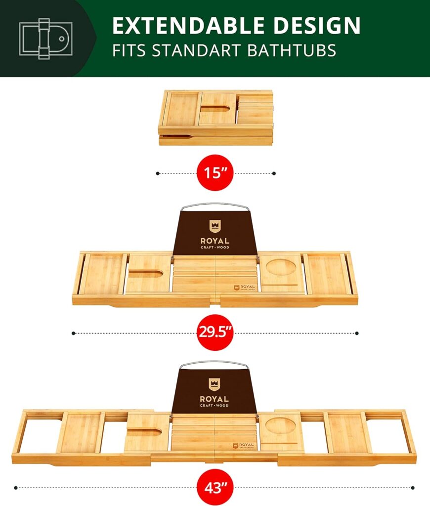 Foldable Bathtub Tray Caddy Bamboo Bathtub Tray Expandable, Bath Tub Table Caddy with Extending Sides - Free Soap Dish