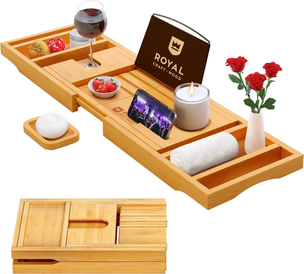 Foldable Bathtub Tray Caddy Bamboo Bathtub Tray Expandable, Bath Tub Table Caddy with Extending Sides - Free Soap Dish