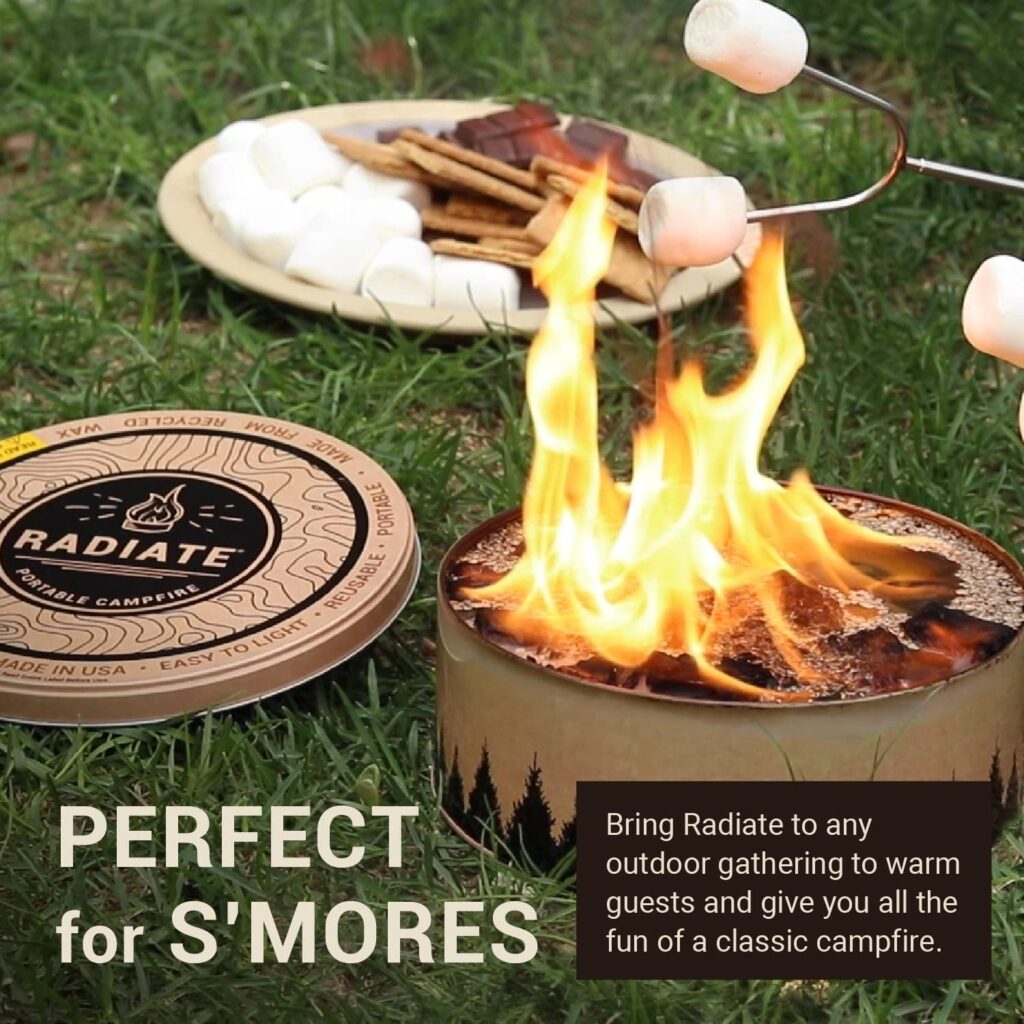 radiate - XL Outdoor Portable Campfire - 3 to 5 Hours of Burn Time - 8” Reusable Fire Pit for Camping, Smores, Cooking, and Picnics - Recycled Soy Wax