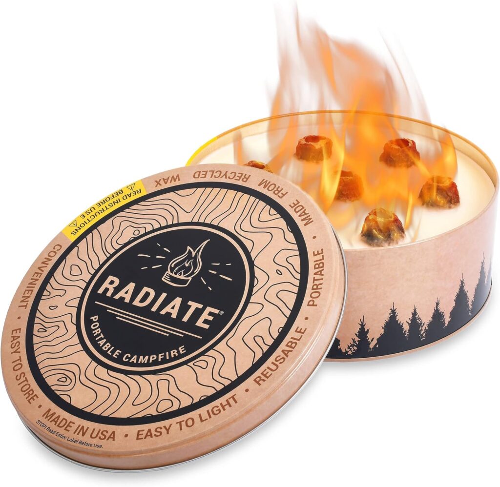 radiate - XL Outdoor Portable Campfire - 3 to 5 Hours of Burn Time - 8” Reusable Fire Pit for Camping, Smores, Cooking, and Picnics - Recycled Soy Wax