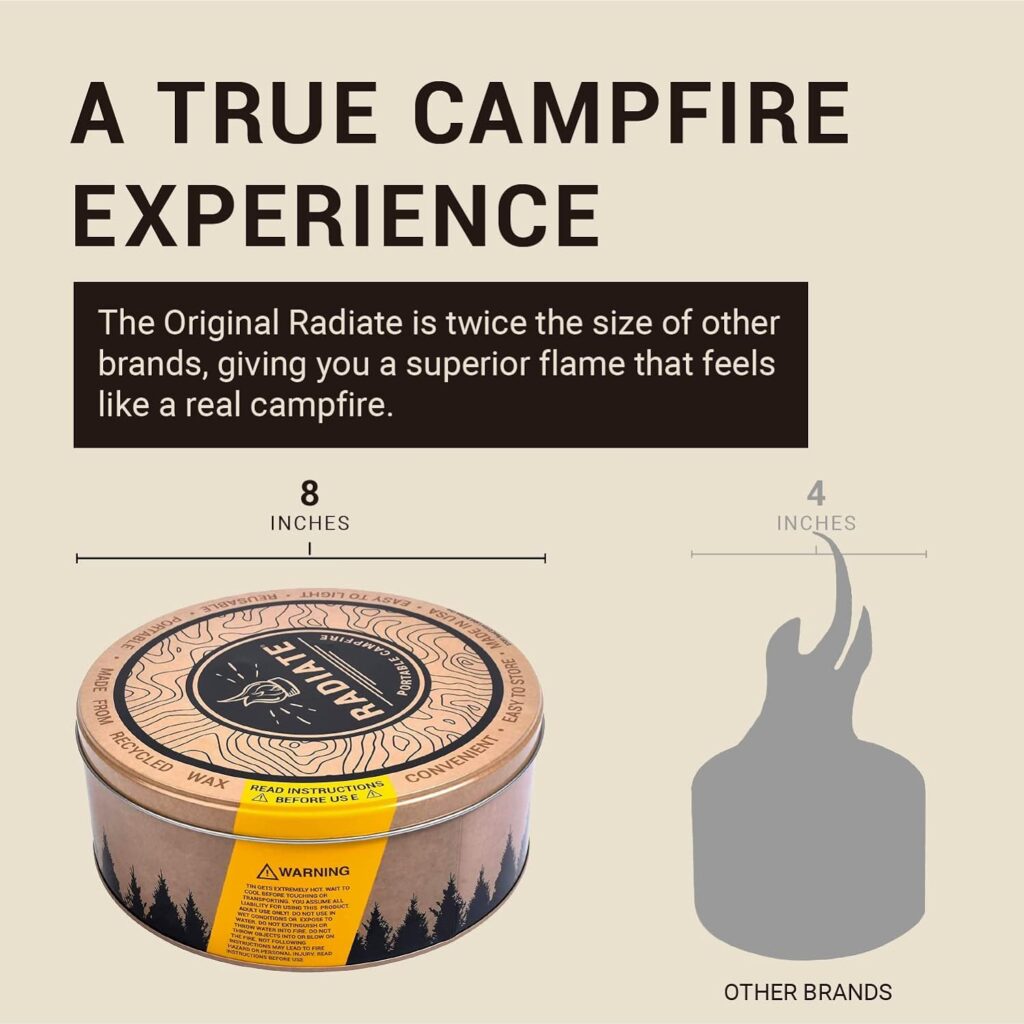 radiate - XL Outdoor Portable Campfire - 3 to 5 Hours of Burn Time - 8” Reusable Fire Pit for Camping, Smores, Cooking, and Picnics - Recycled Soy Wax