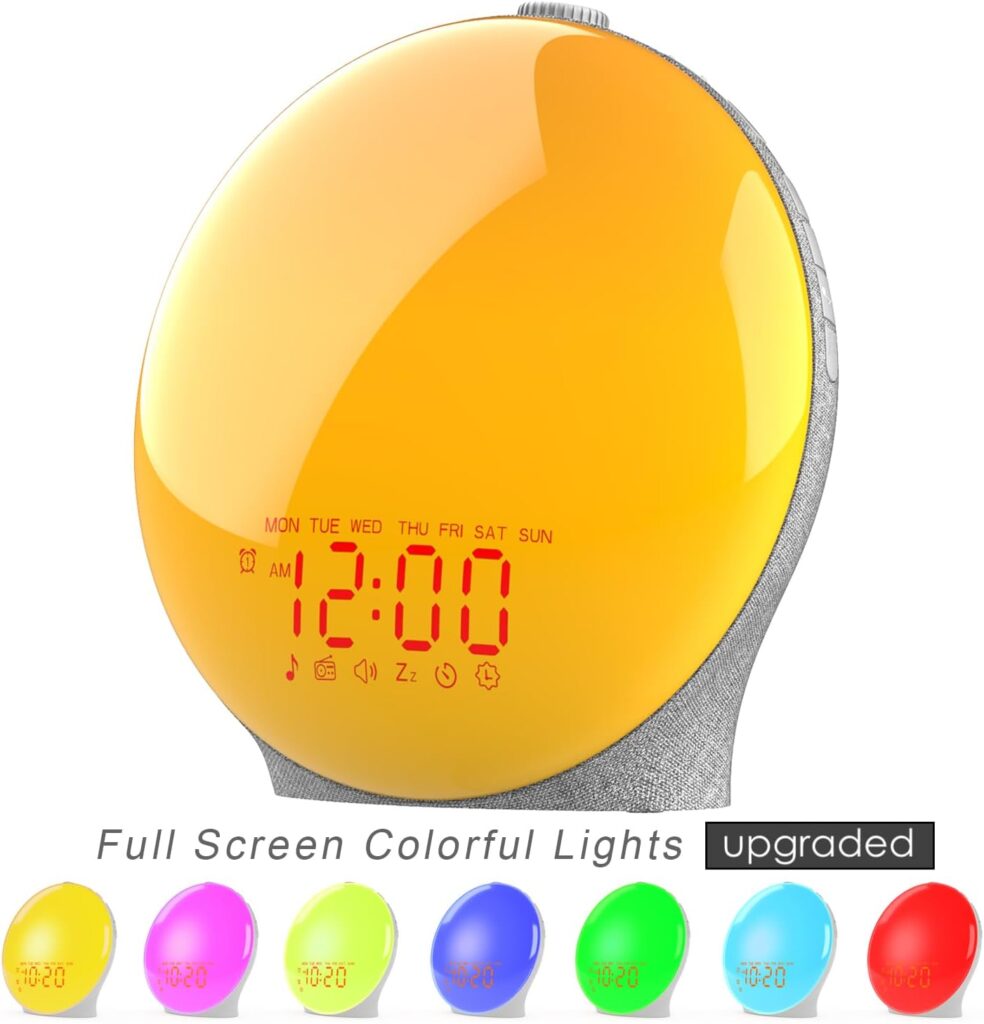 Wake Up Light Sunrise Alarm Clock for Kids, Heavy Sleepers, Bedroom, with Sunrise Simulation, Fall Asleep, Dual Alarms, FM Radio, Snooze, Nightlight, Colorful Lights, 7 Natural Sounds, Ideal for Gift