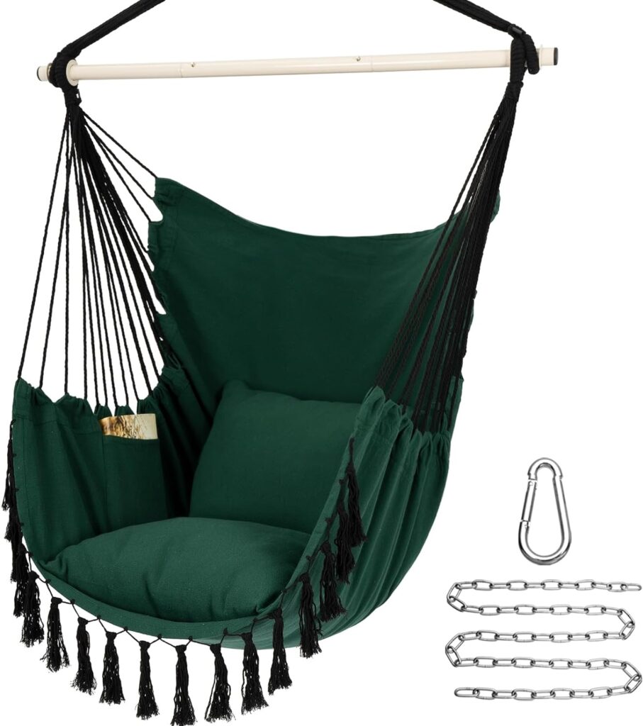 Y- STOP Hammock Chair Hanging Rope Swing, Max 500 Lbs, 2 Cushions Included, Large Macrame Hanging Chair with Pocket for Superior Comfort, with Hardware Kit (Light Grey)