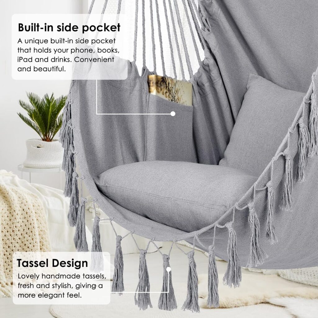 Y- STOP Hammock Chair Hanging Rope Swing, Max 500 Lbs, 2 Cushions Included, Large Macrame Hanging Chair with Pocket for Superior Comfort, with Hardware Kit (Light Grey)