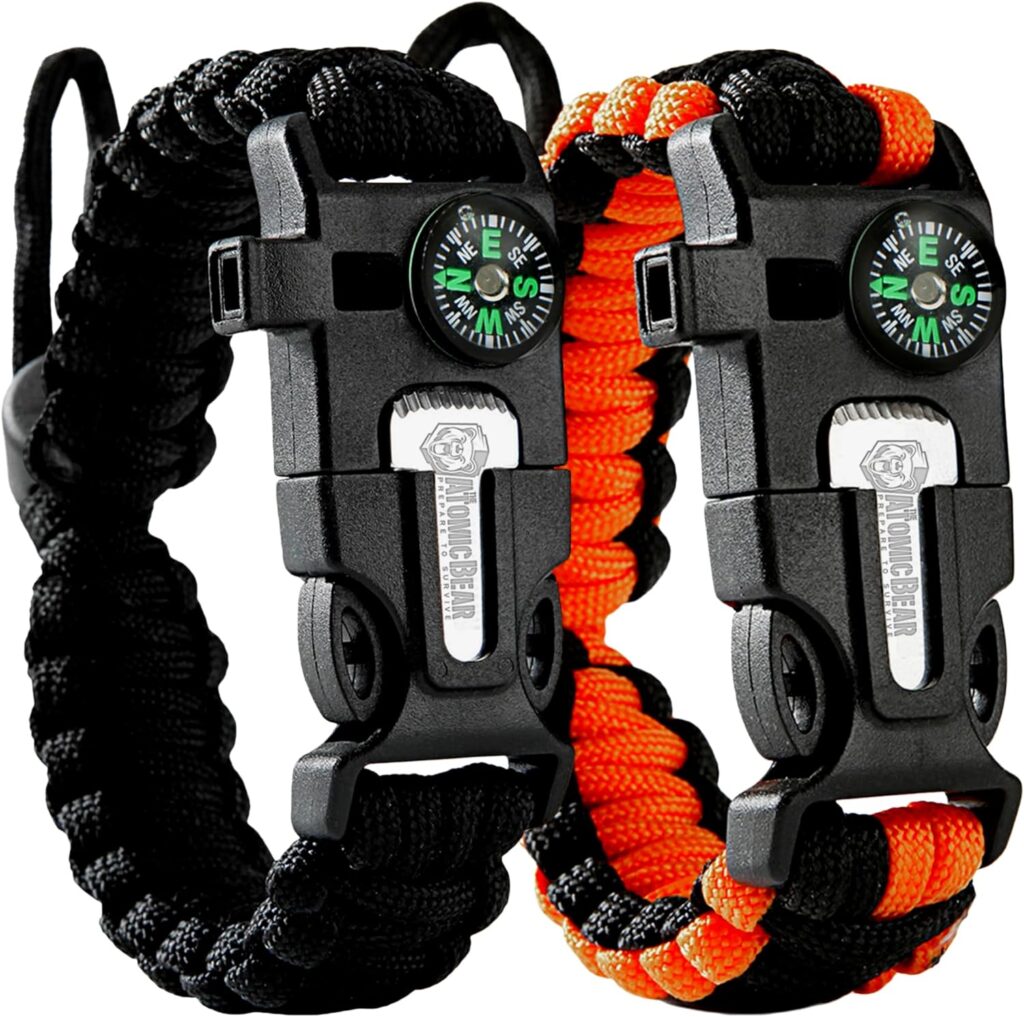Atomic Bear Paracord Bracelet (2 Pack) - Adjustable - Fire Starter - Loud Whistle - Perfect for Hiking, Camping, Fishing and Hunting - Black  Black+Orange