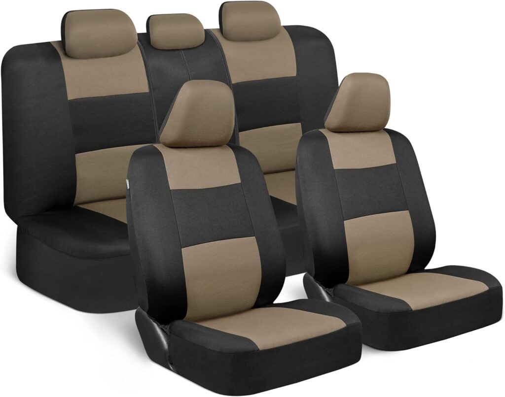 BDK PolyPro Seat Covers Full Set in Beige on Black – Front and Rear Split Bench Seat Covers for Cars, Easy to Install , Car Accessories for Auto Trucks Van SUV