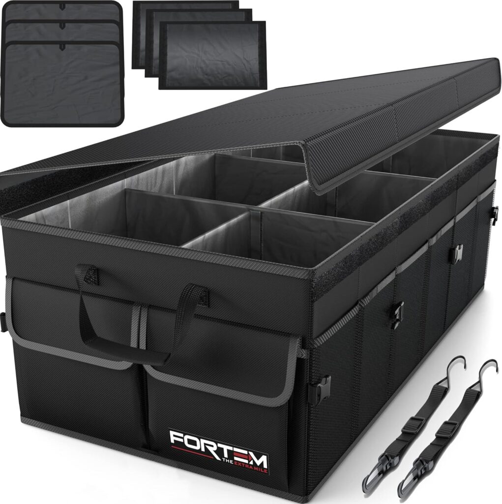 FORTEM Car Trunk Organizer, Car Storage Organizer, Collapsible Multi Compartment Car Organizer, SUV Trunk Organizer, Non Slip Bottom, Adjustable Securing Straps, Foldable Cover (Black, X-Large)