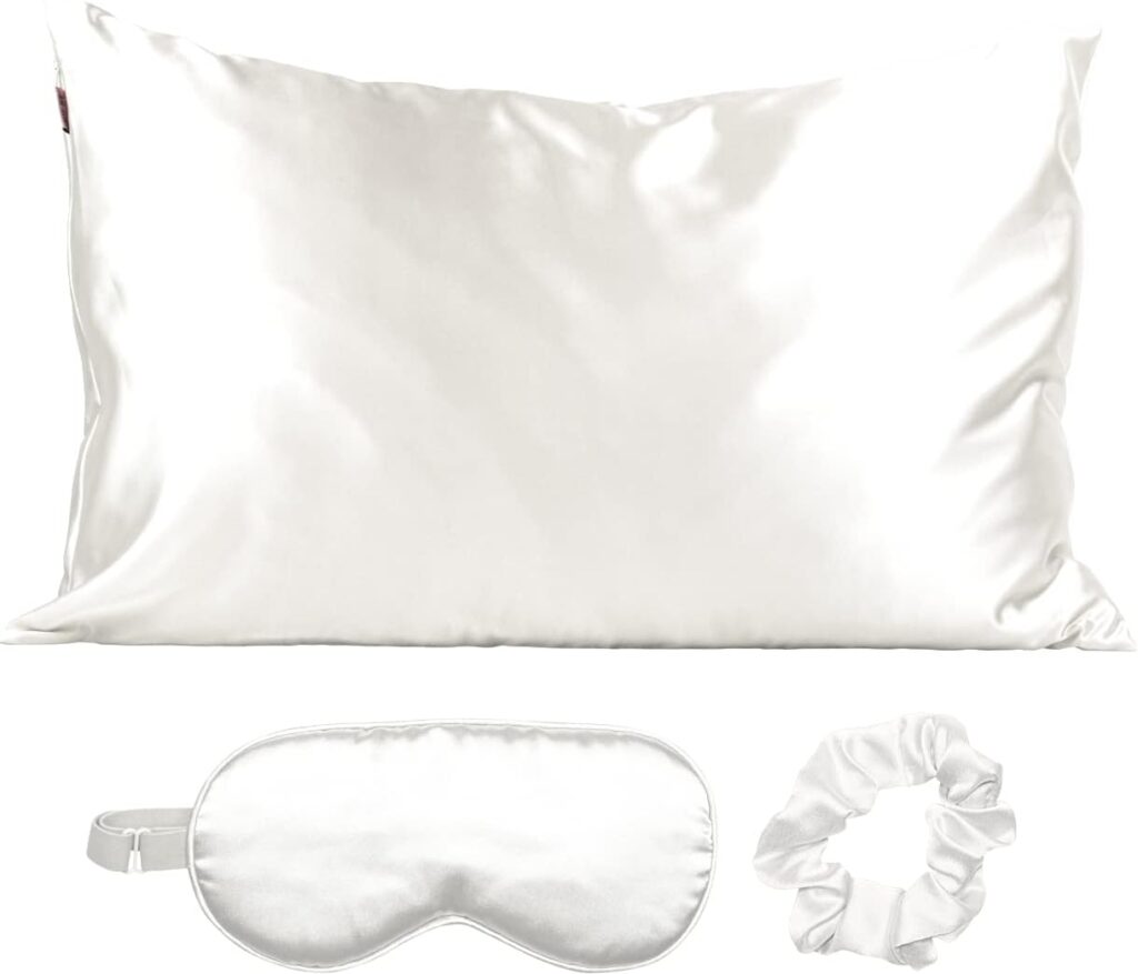 Kitsch Satin Sleep Set | Softer Than Silk pillowcase and eyemask Holiday Gift set - Includes 1 Satin Pillowcase | 1 Satin Eye Mask | and 1 Satin Volume Scrunchie | pillow case for hair (Ivory)
