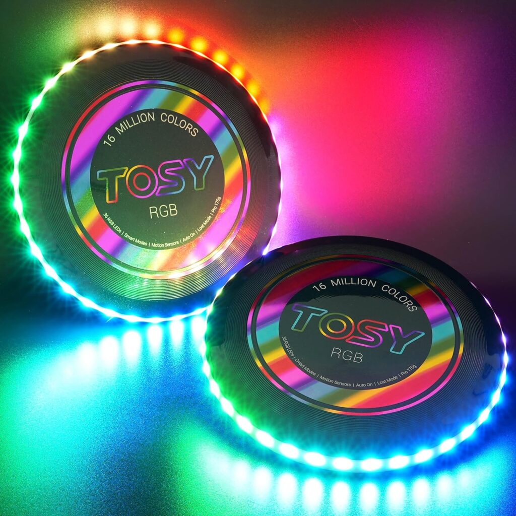 TOSY Flying Disc - 16 Million Color RGB or 36 or 360 LEDs, Extremely Bright, Smart Modes, Auto Light Up, Rechargeable, Perfect Birthday  Camping Gift for Men/Boys/Teens/Kids, 175g frisbees