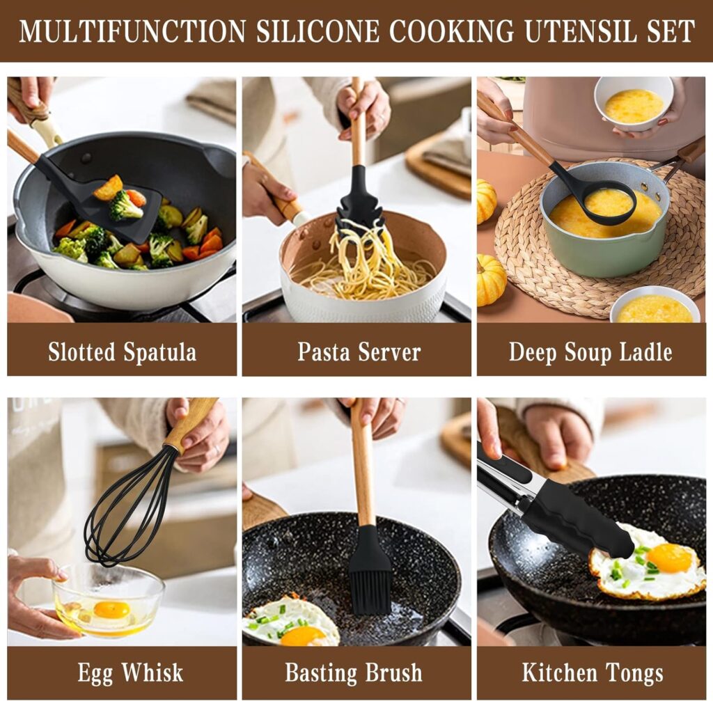 Umite Chef Kitchen Cooking Utensils Set, 33 pcs Non-Stick Utensils Spatula Set with Holder, Black Wooden Handle Silicone Kitchen Gadgets