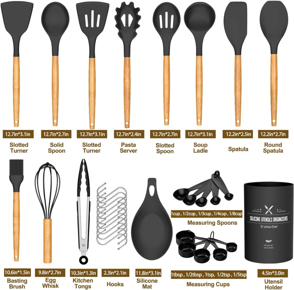 Umite Chef Kitchen Cooking Utensils Set, 33 pcs Non-Stick Utensils Spatula Set with Holder, Black Wooden Handle Silicone Kitchen Gadgets