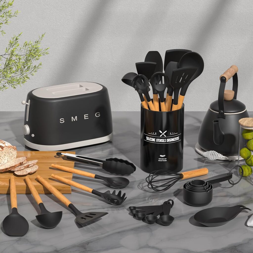 Umite Chef Kitchen Cooking Utensils Set, 33 pcs Non-Stick Utensils Spatula Set with Holder, Black Wooden Handle Silicone Kitchen Gadgets